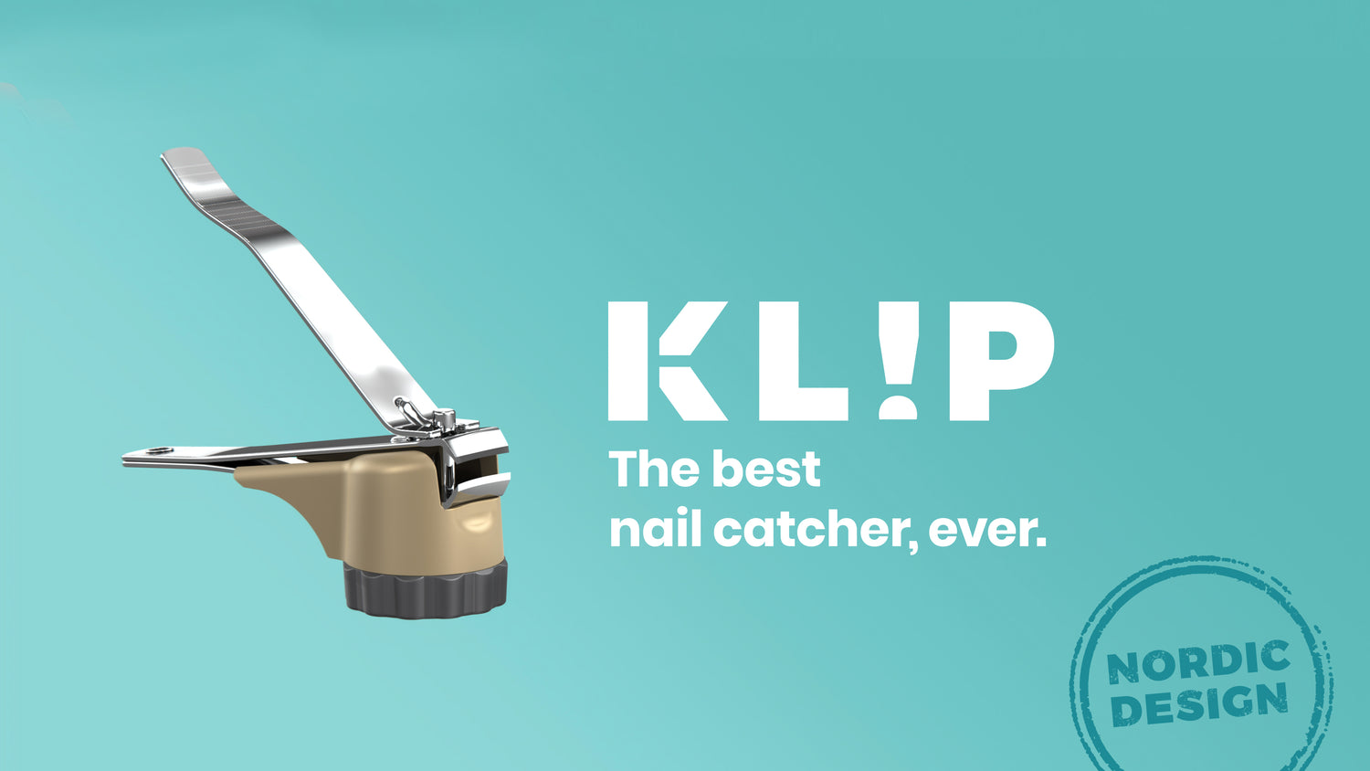 KLIP banner with the nail catcher product, the text “The best nail catcher, ever.” and a Nordic design stamp.