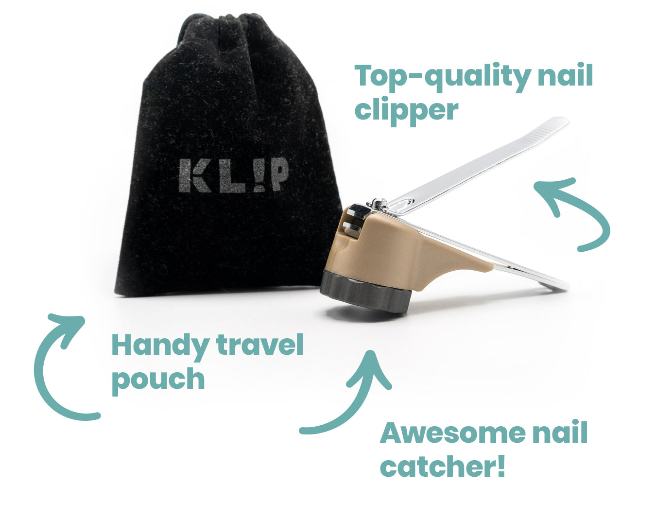 KLIP nail catcher clipper and travel pouch with feature callouts on a white background.