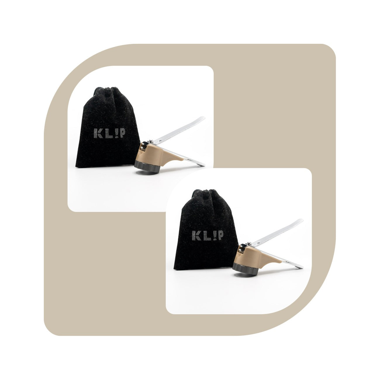 KLIPNAILS 2 Pack: Nail Clipper (Steel) with Nail Catcher (Recycled Polyethene) and Handy Travel Pouch (Velvet, Dk Gray).