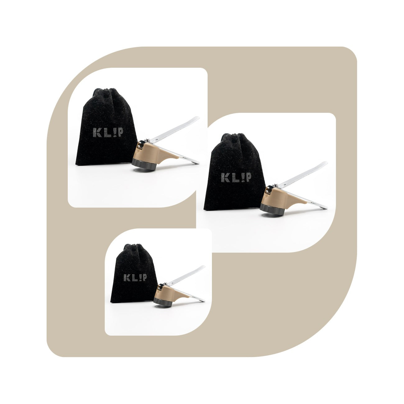 KLIPNAILS 20 Pack: Nail Clipper (Steel) with Nail Catcher (Recycled Polyethene), Metallic Fir Body and Oyster Gray Twist-Off Cap, plus Handy Travel Pouch (Velvet, Dk Gray).