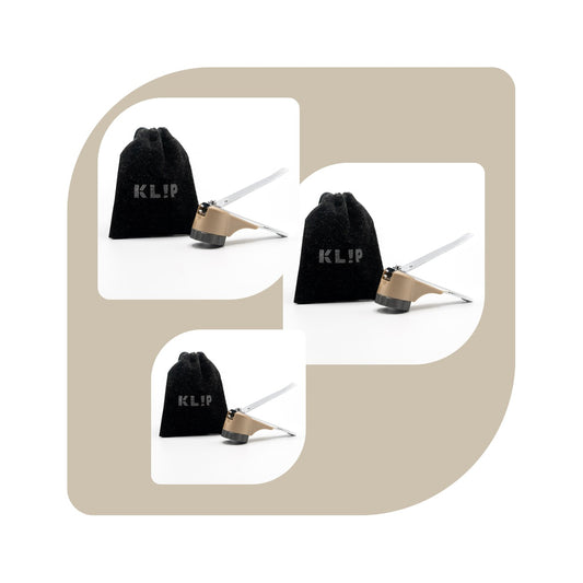 KLIPNAILS 20 Pack: Nail Clipper (Steel) with Nail Catcher (Recycled Polyethene), Metallic Fir Body and Oyster Gray Twist-Off Cap, plus Handy Travel Pouch (Velvet, Dk Gray).