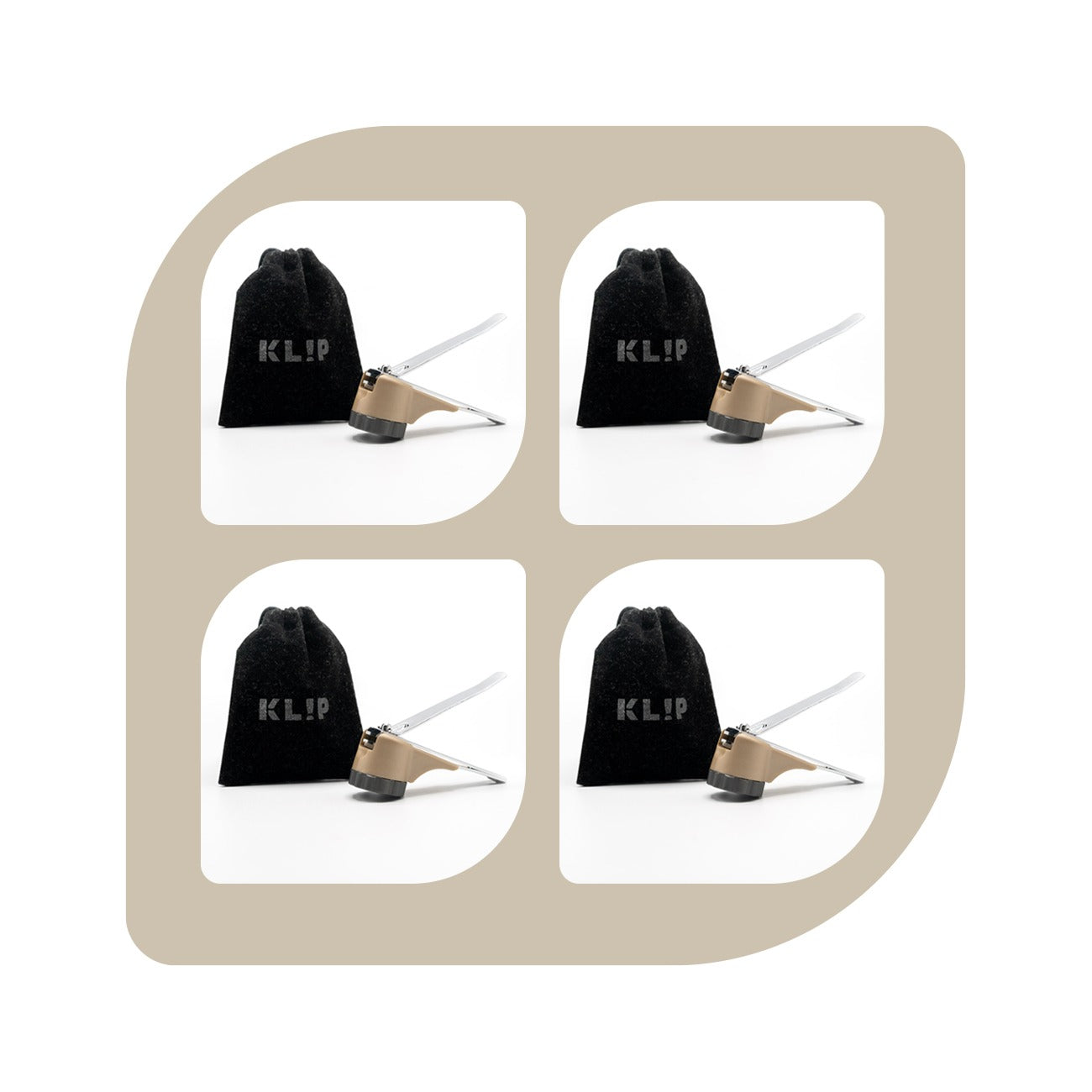 KLIPNAILS 4 Pack: Nail Clipper (Steel) with Nail Catcher (Recycled Polyethene), Metallic Fir Body and Oyster Gray Twist-Off Cap, plus Handy Travel Pouch (Velvet, Dk Gray).