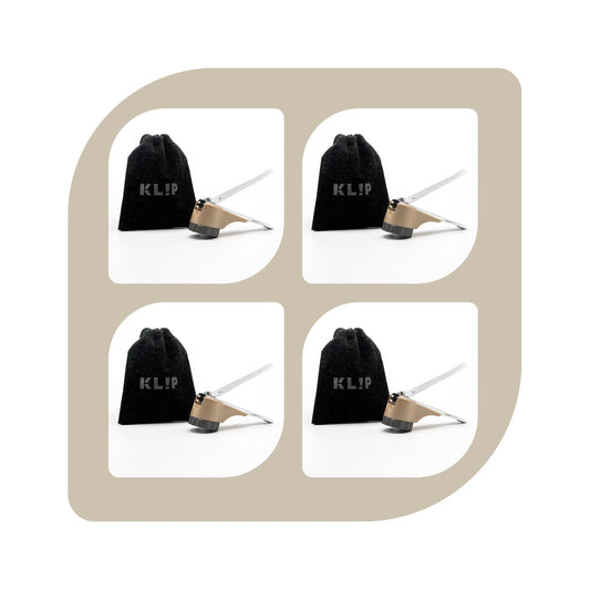 KLIPNAILS 4 Pack: Nail Clipper (Steel) with Nail Catcher (Recycled Polyethene), Metallic Fir Body and Oyster Gray Twist-Off Cap, plus Handy Travel Pouch (Velvet, Dk Gray).